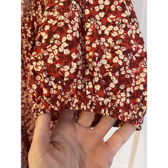 Apiece Apart Red Floral Midi Dress Organic Cotton Pockets Cut Out Back. SZ LG - Picture 4 of 10